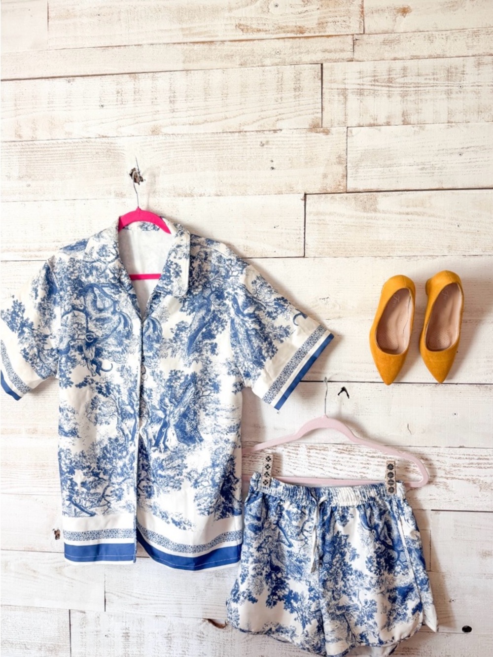 Blue & White Toile Short Set - Button Shirt & Elastic Waist Shorts